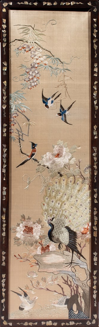 A Chinese embroidered silk 'bird and flower' panel (1 of 3)