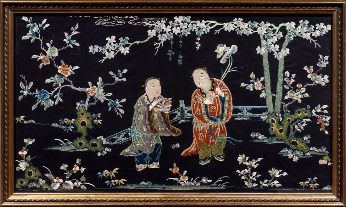 A Chinese embroidered silk blue ground 'figure' panel (1 of 2)