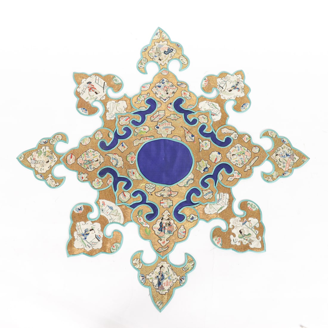 A Chinese embroidered silk and gilt thread cloud collar: A Chinese embroidered silk and gilt thread cloud collar. In gilt-thread ground with turquoise-blue borders, the shaped panels decorated with figural roundels, floral sprays, 19th century, 26"h x 25.25