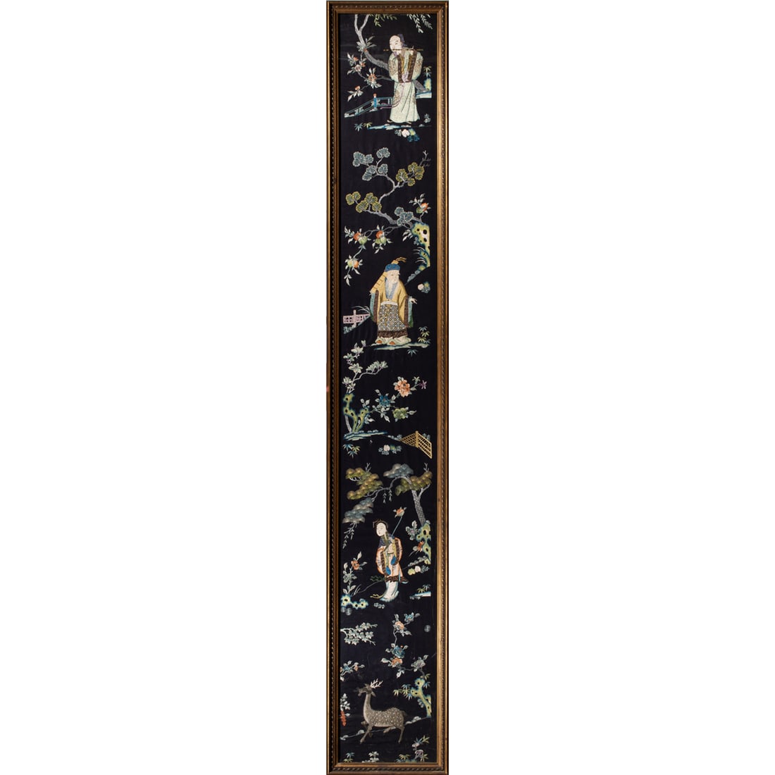 A Chinese embroidered silk blue-ground 'immortal' panel (1 of 5)