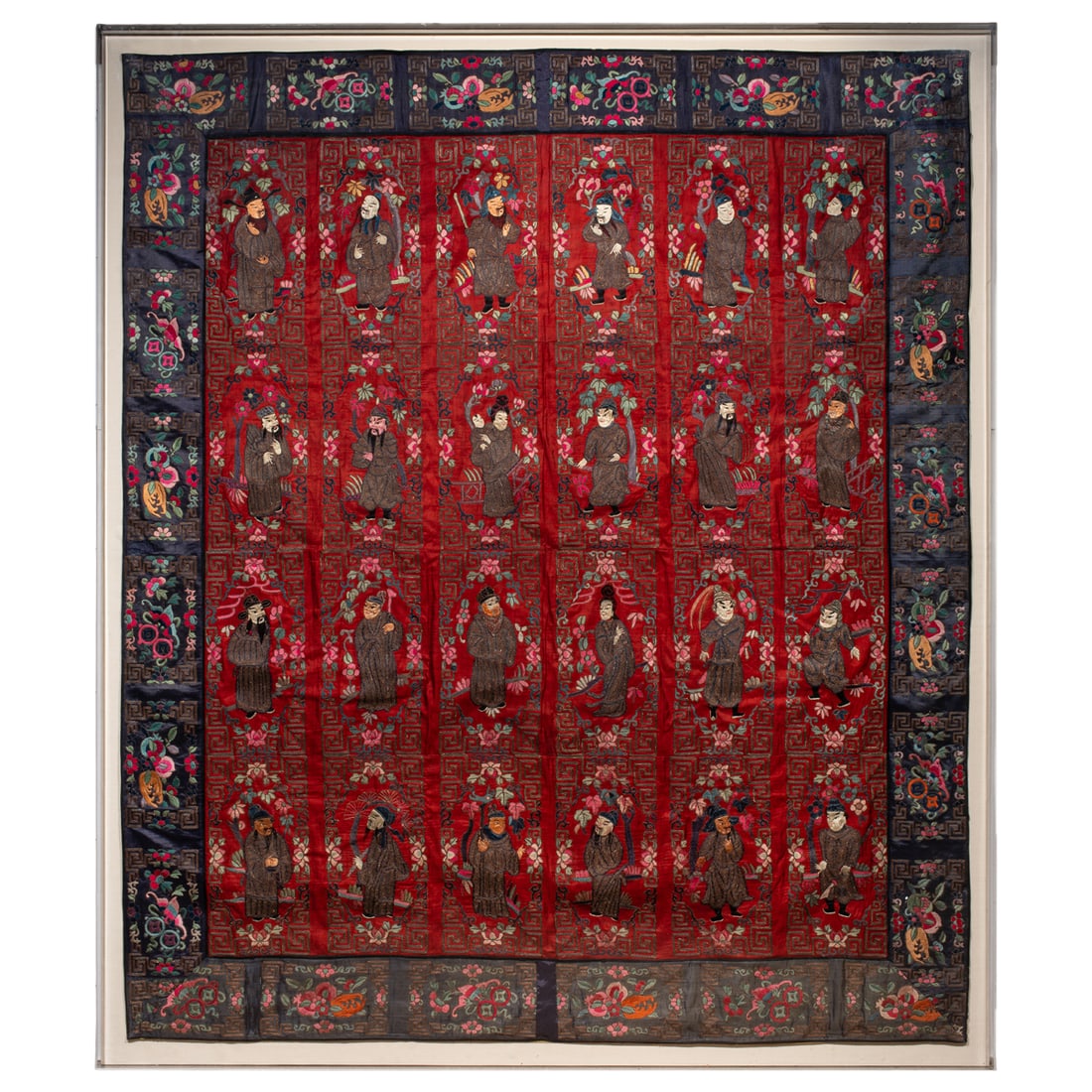 A large Chinese embroidered silk red-ground Daoist tapestry (1 of 3)