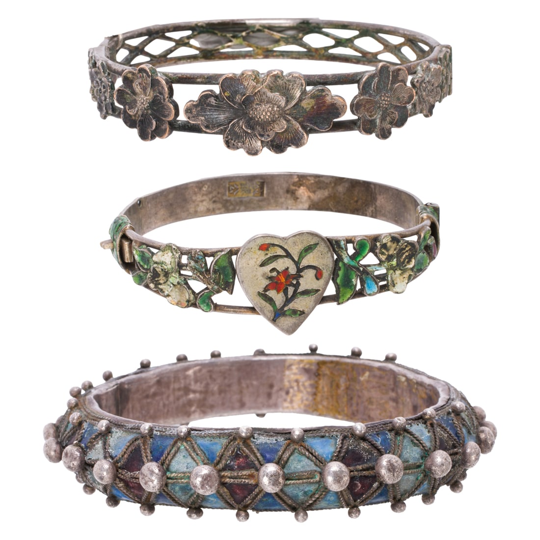 (lot of 3) Chinese enameled silver bracelets: (lot of 3) Chinese enameled silver bracelets. Featuring floral design, from 2.25" to 2.375" inner diameter.