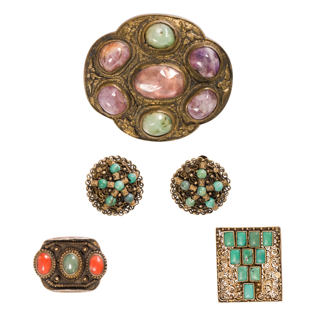 (lot of 5) Chinese gilt silver earrings and brooches (1 of 1)