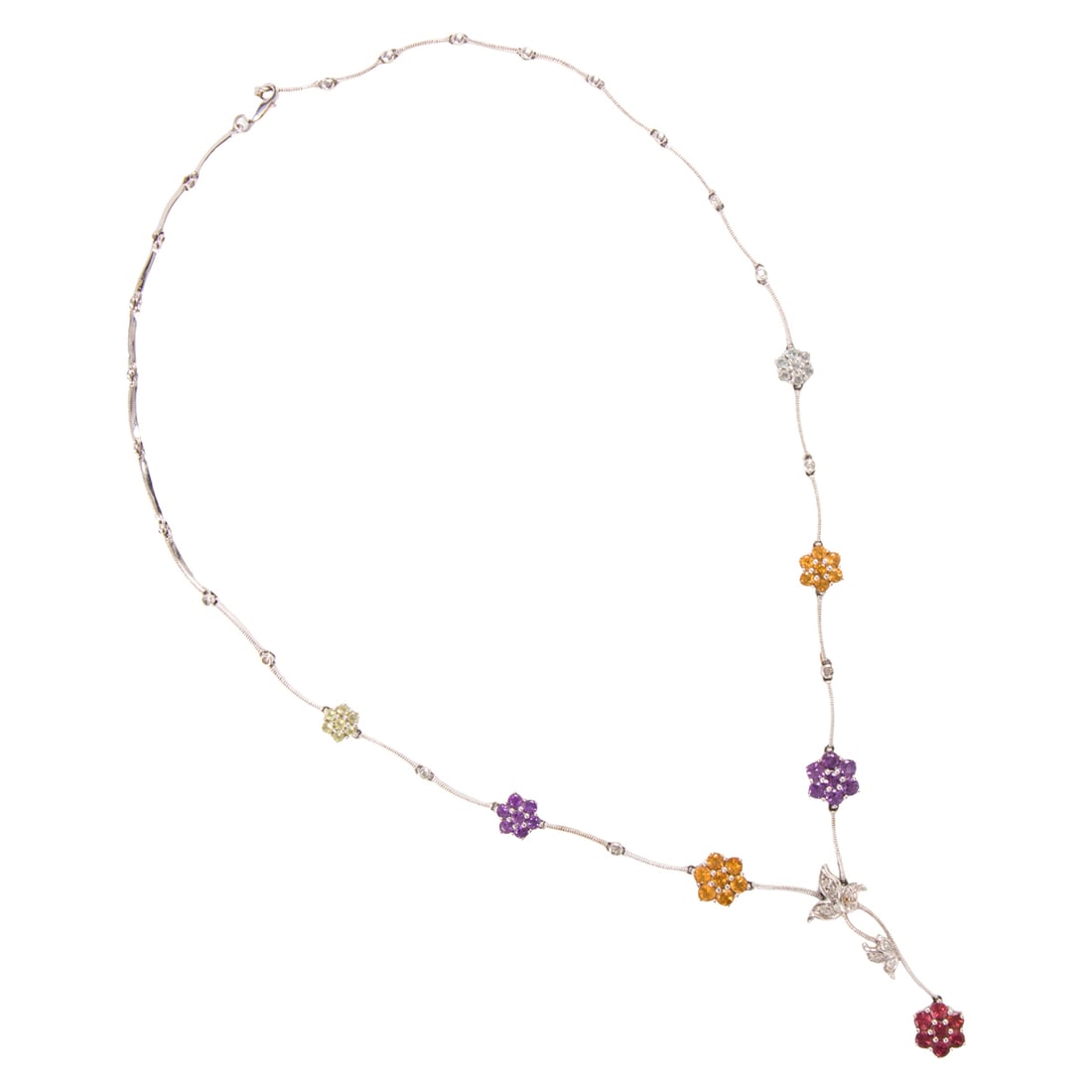 A gemstone and 10k white gold necklace: A gemstone and 10k white gold necklaceOf floriform motif, designed as seven clusters of circular-cut gemstones including pink tourmaline, citrine, peridot, quartz and amethyst; length: 16 in; 11.40