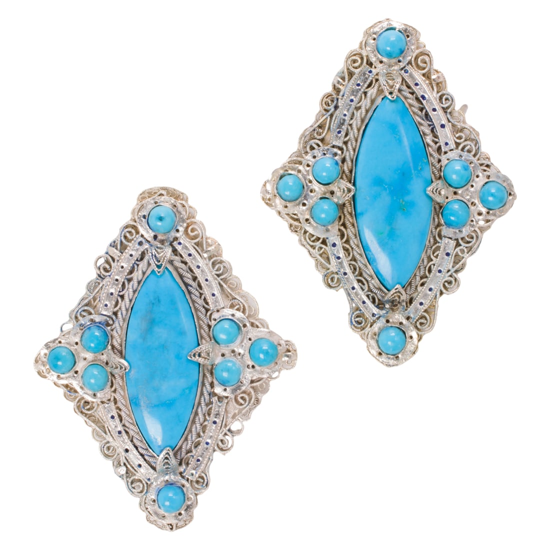 A pair of turquoise and silver earrings: A pair of turquoise and silver earringsDesigned with marquise-shaped turquoise cabochons measuring 25.71 x 10.00 mm, accented by eight round-shaped turquoise cabochons and ornate silver filigree;