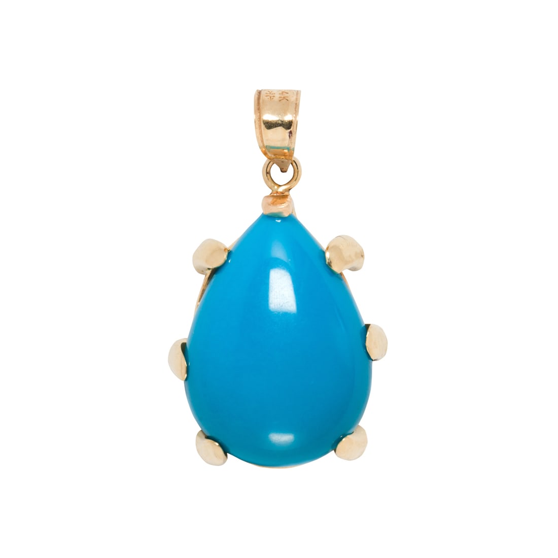 A turquoise and 14k gold pendant: A turquoise and 14k gold pendantDesigned with a pear-shaped turquoise cabochon measuring approximately 14.12 x 19.49 x 5.94 mm; length: 1 1/8 in; 4.35 grams