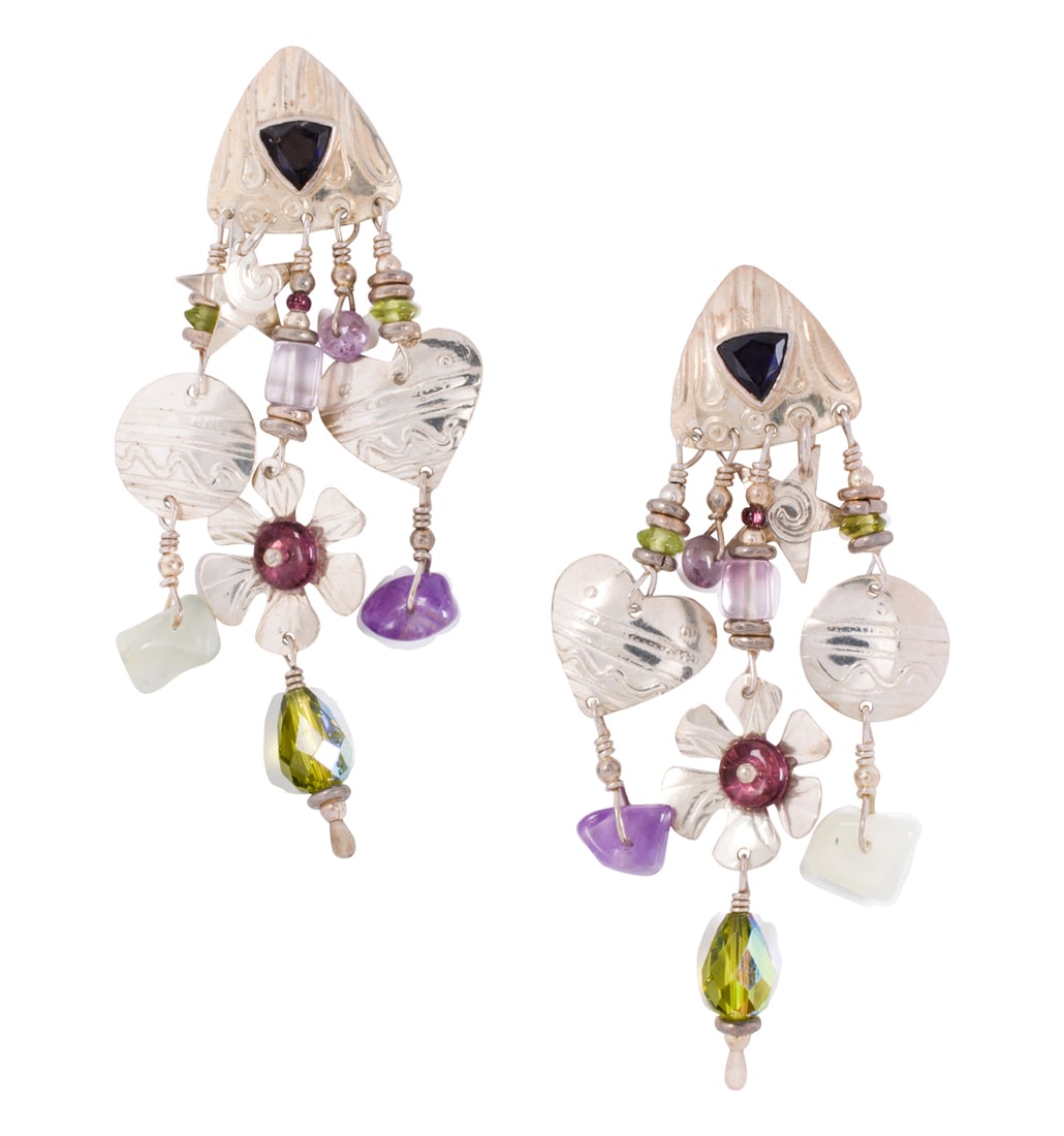 A pair of Tabra glass and sterling silver earrings: A pair of Tabra glass and sterling silver earringsDesigned with a trillion-cut imitation gemstone surmount, accented by glass bead and sterling silver hearts, stars, and flower tassels; length: 2 3/4