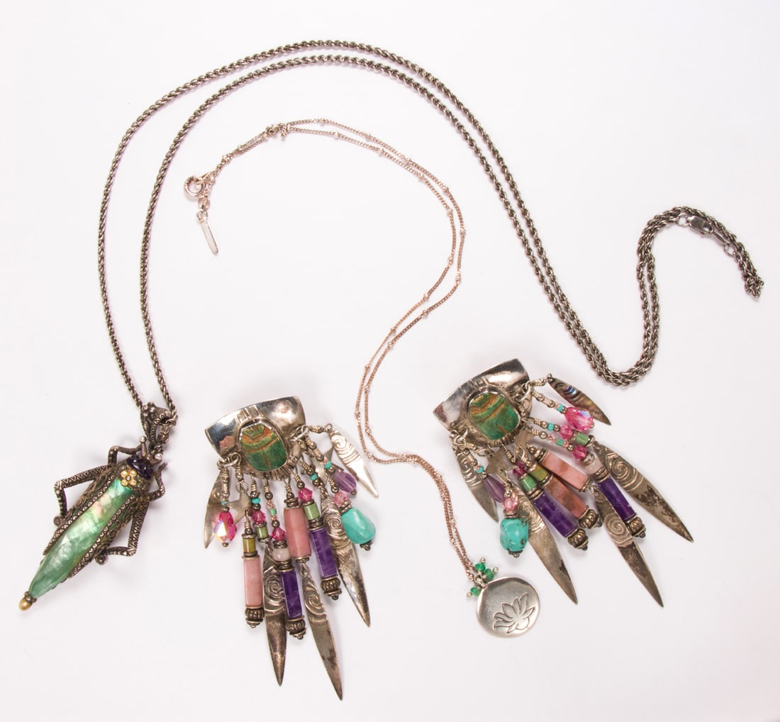 A group of silver jewelry including Tabra and Barbara Bixby: A group of silver jewelry including Tabra and Barbara BixbyComprising an assortment of jewelry including one pair of scarab-set Tabra earrings, accented by silver and glass beaded tassels, and one