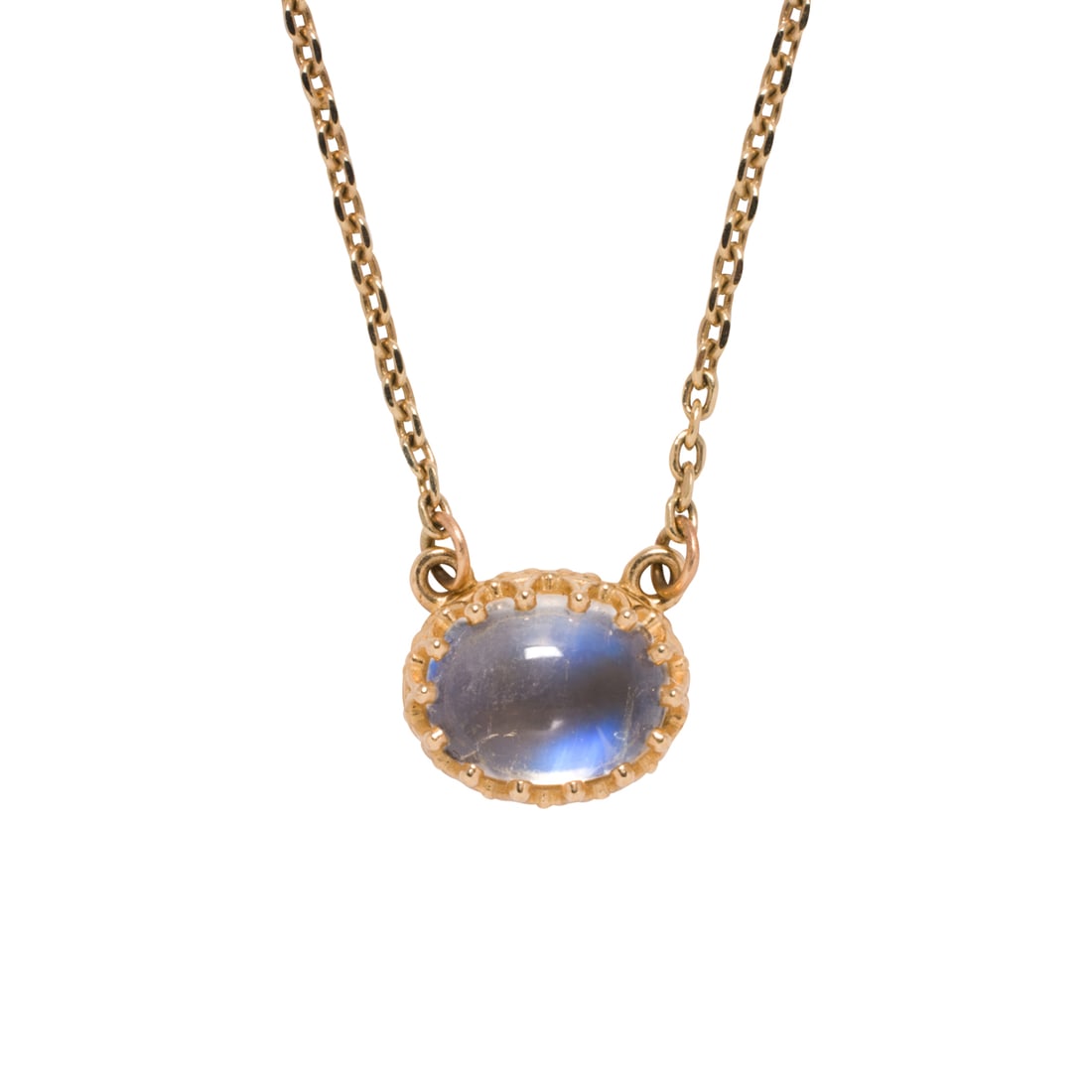 A moonstone and 14k gold necklace: A moonstone and 14k gold necklaceFeaturing an oval-shaped moonstone cabochon measuring 9.32 x 7.99 mm, set within decorative bezel; length: 17 3/4 in; 3.95 grams