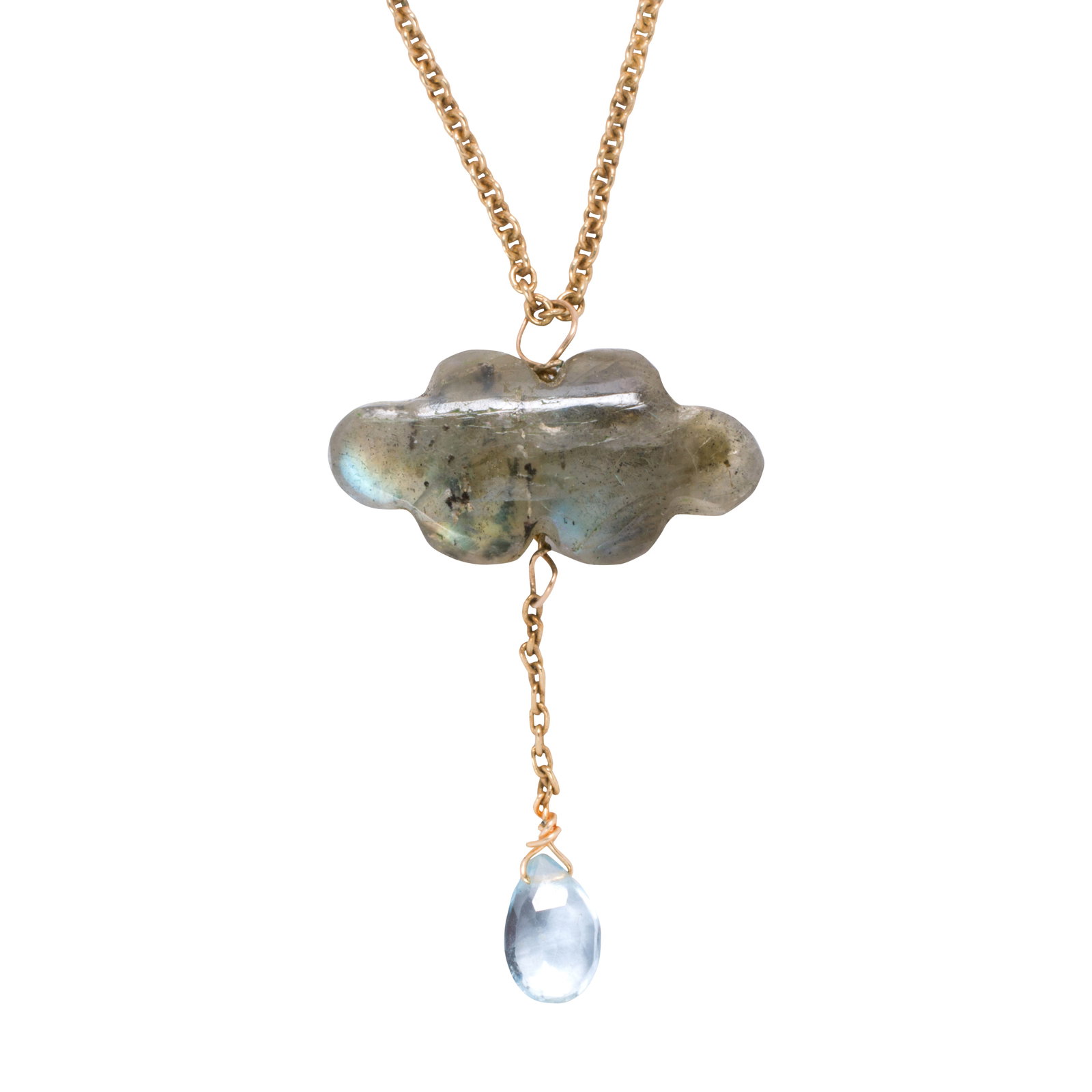 A labradorite, aquamarine, and silver necklace: A labradorite, aquamarine, and silver necklaceDesigned as a rain cloud, on cable-link chain; length: 18 in; 3.95 grams
