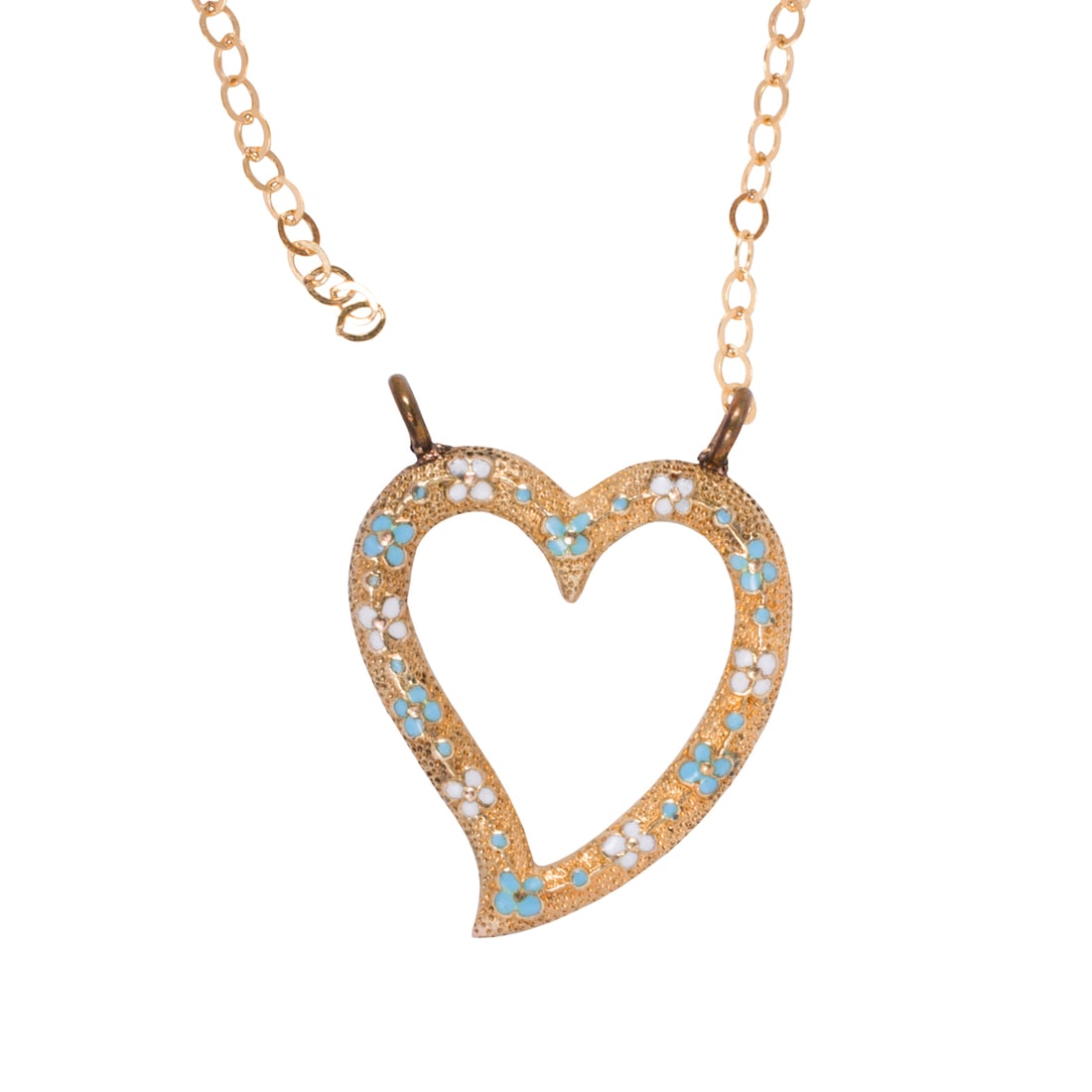 A gold-filled heart necklace: A gold-filled heart necklaceDesigned as a heart, accented by blue and white floral enameling; length: 16 in; 1.50 grams