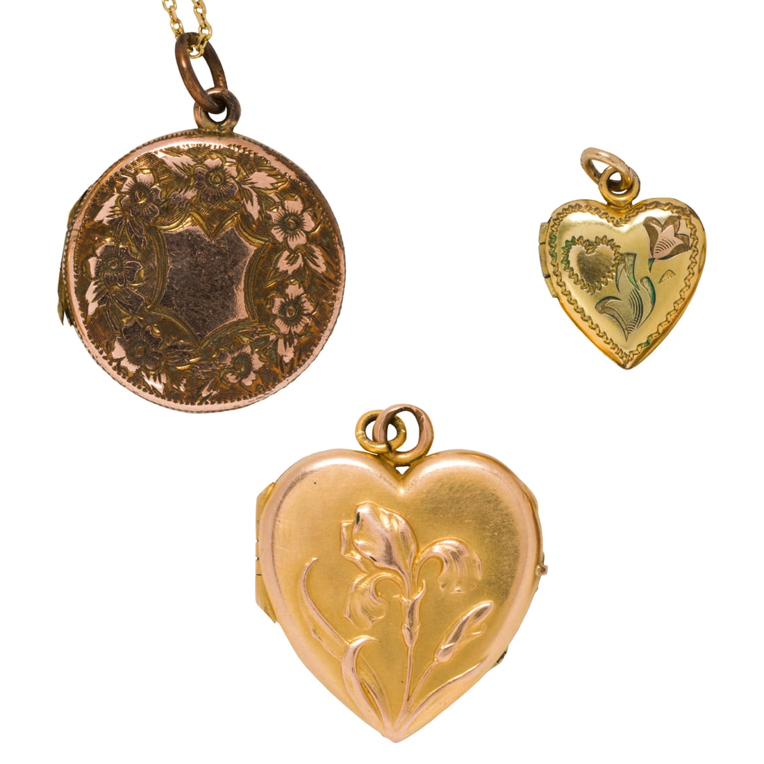 Three antique gold-filled lockets and chain (1 of 2)