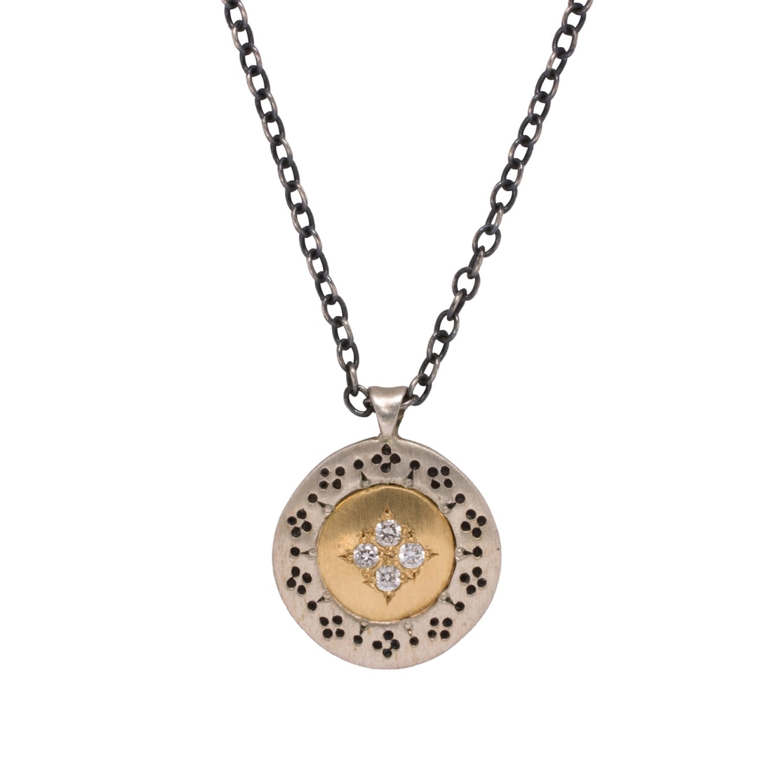 An Adel Chefridi diamond, sterling silver, and 18k gold pendant necklace: An Adel Chefridi diamond, sterling silver, and 18k gold pendant necklaceThe necklace in the "Four Star Harmony" design, set with four round brilliant-cut diamonds within circular 18k gold and