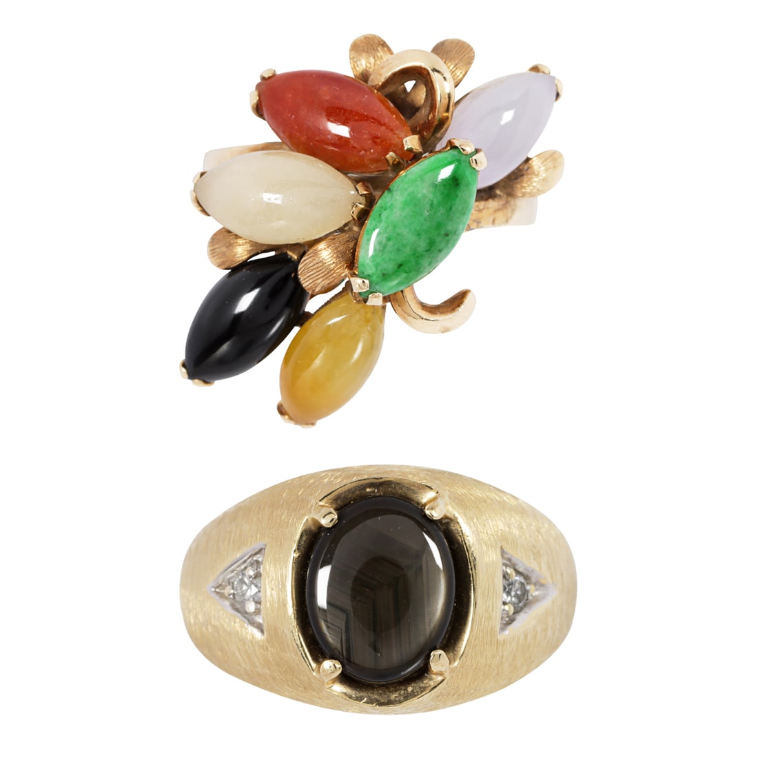 Two stone-set and 14k gold rings: Two stone-set and 14k gold ringsOne featuring an oval-shaped synthetic black star sapphire, framed on either side by one round brilliant-cut diamond, together with one set with six marquise-shaped