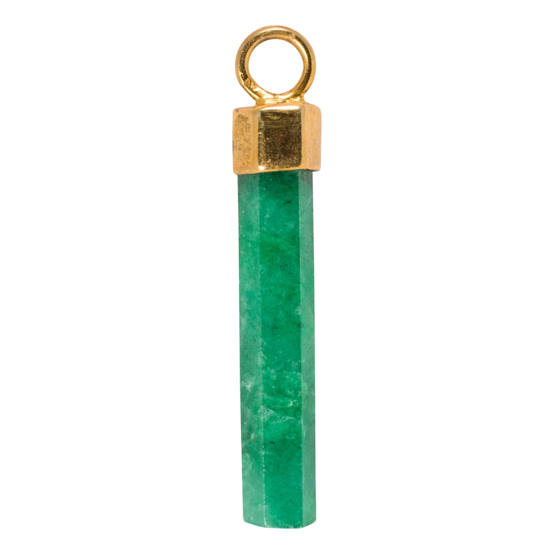 An emerald pendant: An emerald pendantDesigned as a hexagonal emerald rod measuring 28.55 x 4.93 mm, on gold-tone bail; length: 1 3/8 in; 2.00 grams