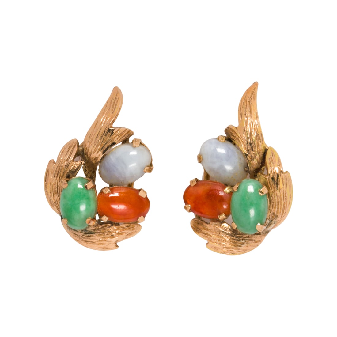 A pair of jade and 14k gold earrings: A pair of jade and 14k gold earringsset with six oval-shaped multi-color jade cabochons; length: 5/8 in; 3.05 grams