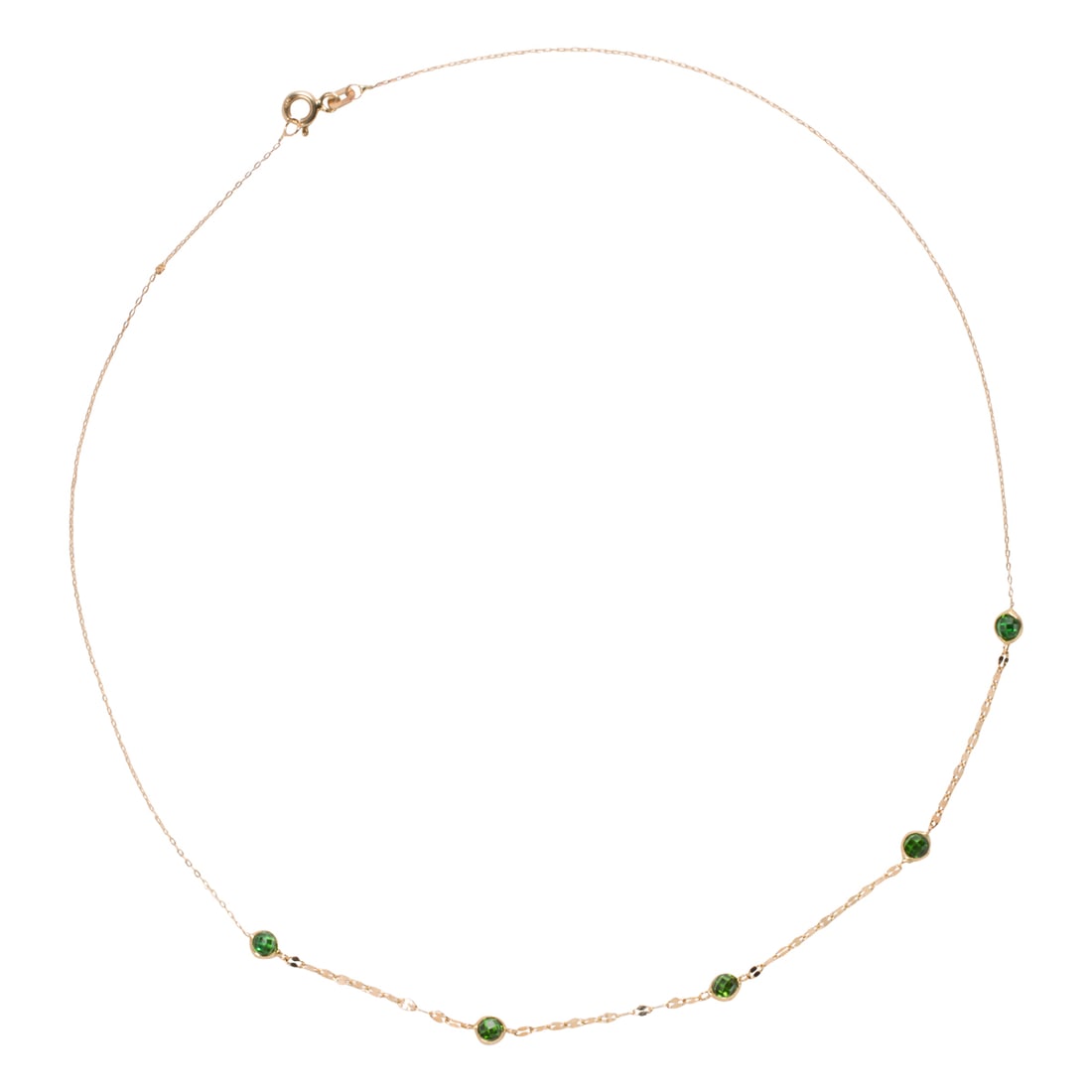 A green stone and 14k gold necklace: A green stone and 14k gold necklaceFeaturing five round-cut, bezel-set green gemstones; length: 16 in; 1.35 grams