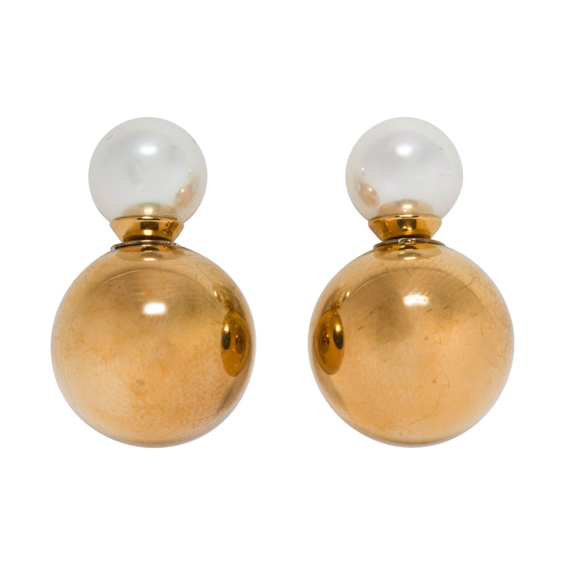 A pair of gold-tone cultured pearl earrings: A pair of gold-tone cultured pearl earringsWith ball-form backings, featuring a cultured pearl measuring 8.20 mm; 8.00 grams