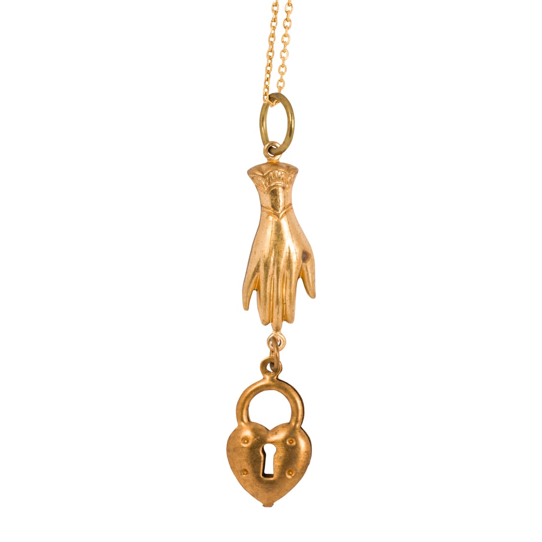 A gold-tone hand pendant necklace: A gold-tone hand pendant necklaceThe pendant designed as a hand and a padlock; chain length: 18 in; pendant length: 2 1/4 in; 2.85 grams