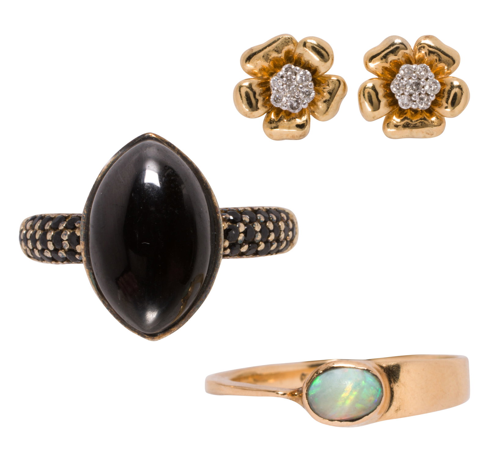 Two 14k gold and silver rings and one pair of earrings: Two 14k gold and silver rings and one pair of earringsComprising one 14k gold and opal ring, one hardstone and silver ring, and one pair of diamond and silver stud earrings; gross weight: 8.85 grams