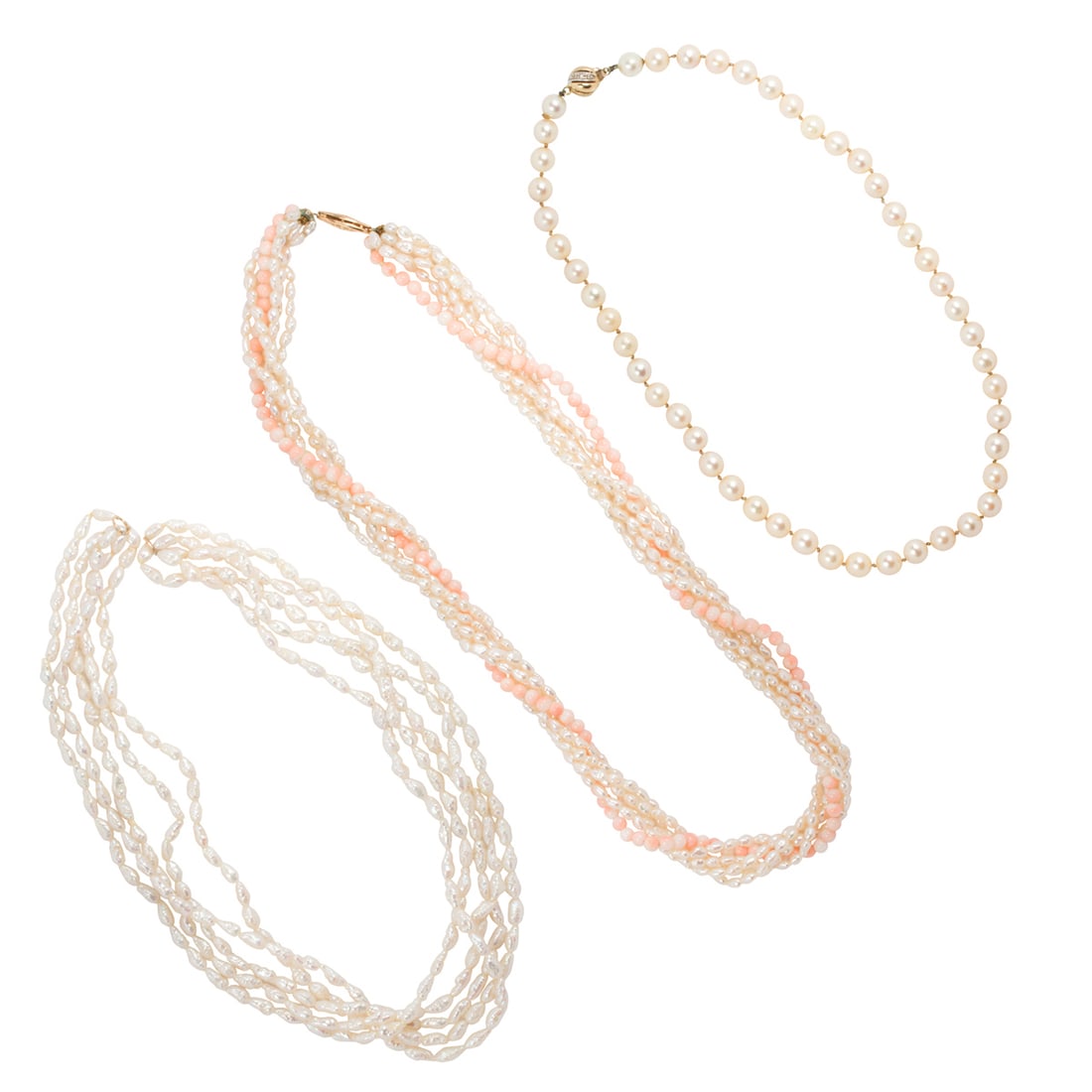 Three cultured pearl necklaces: Three cultured pearl necklacesone strand with round to off-round cultured pearls measuring approximately 6.70 to 7.10 mm, with silver clasp, and one with semi-baroque cultured pearls measuring
