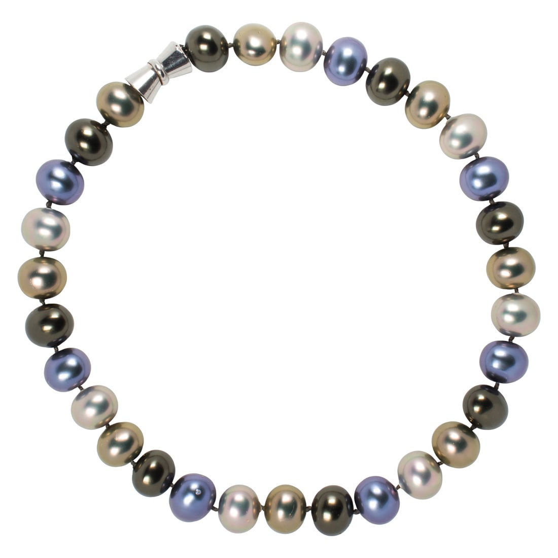 A costume pearl necklace: A costume pearl necklacewith multi-color beads to a magnetic, white metal clasp; length: 17 1/2 in