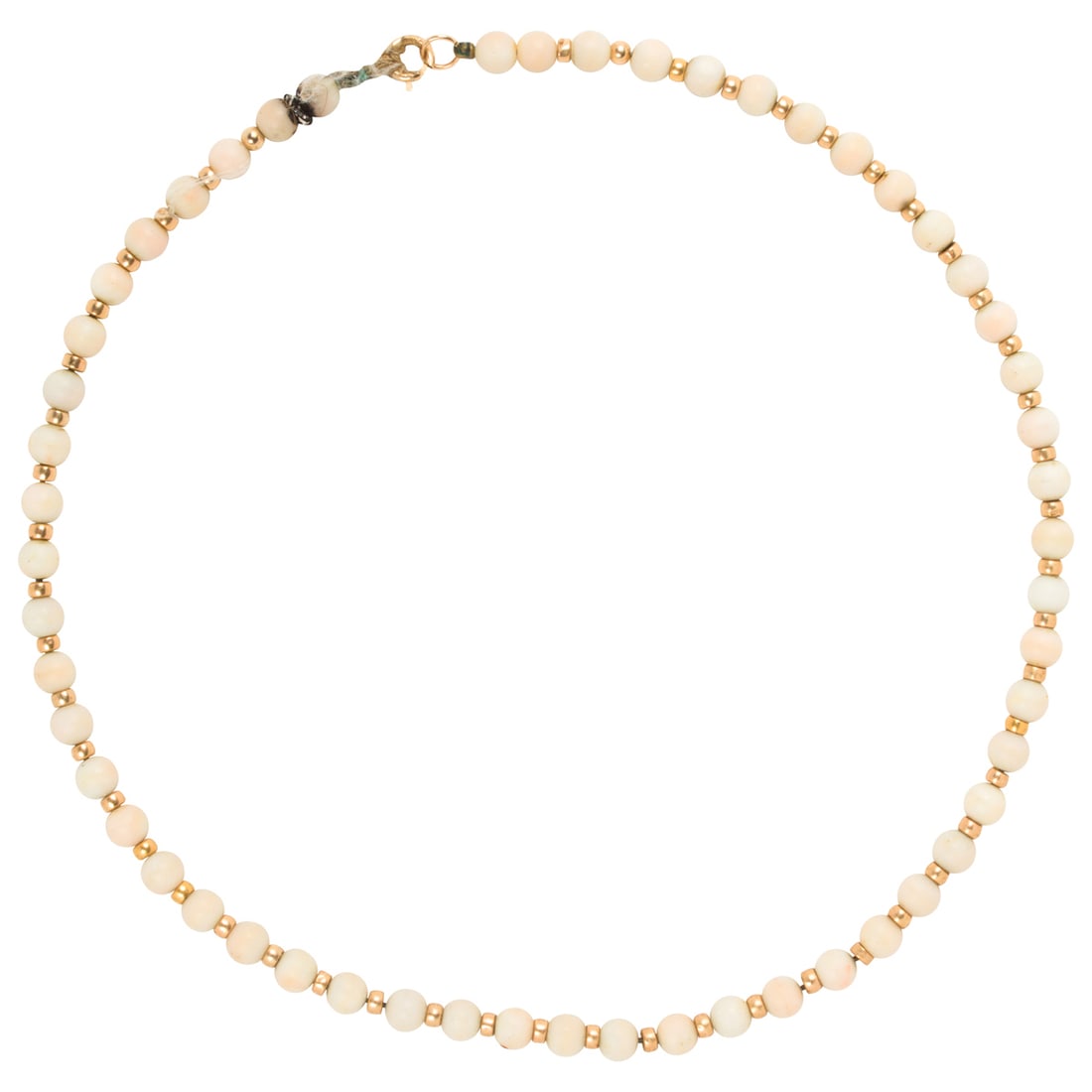 A coral and 14k gold necklace: A coral and 14k gold necklaceDesigned with coral beads measuring approximately 5.42 mm, interspersed by 14k gold beads measuring 3.16 mm; length: 14 1/2 in; 13.95 grams