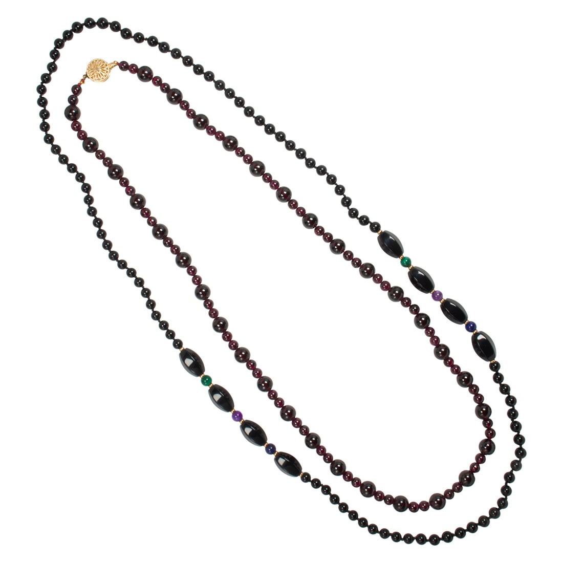 One onyx and one garnet and 14k gold beaded necklace (1 of 2)
