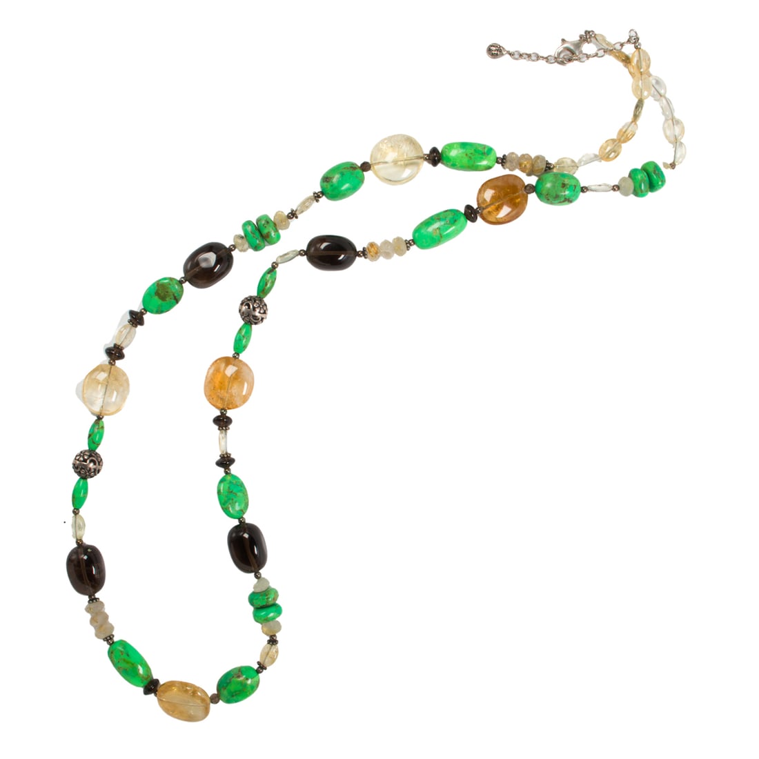 A green turquoise, quartz and silver necklace: A green turquoise, quartz and silver necklacedesigned as a line of green turquoise, quartz and silver beads; 125.00 grams