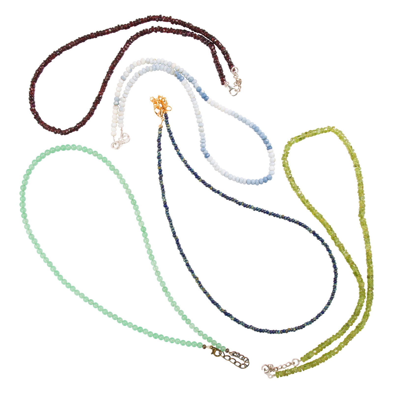 Five glass beaded necklaces: Five glass beaded necklacesComprising five beaded necklaces of varying styles and colors; 73.65 grams