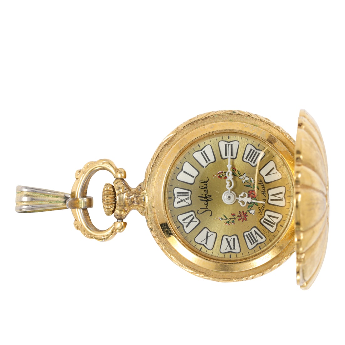 A Sheffield gold-tone pocket watch: A Sheffield gold-tone pocket watchThe gold-tone face, black Roman indices, white Louis XIV hands, within etched gold-tone face, containing manual movement; length: 1 3/4 in; 19.60 grams