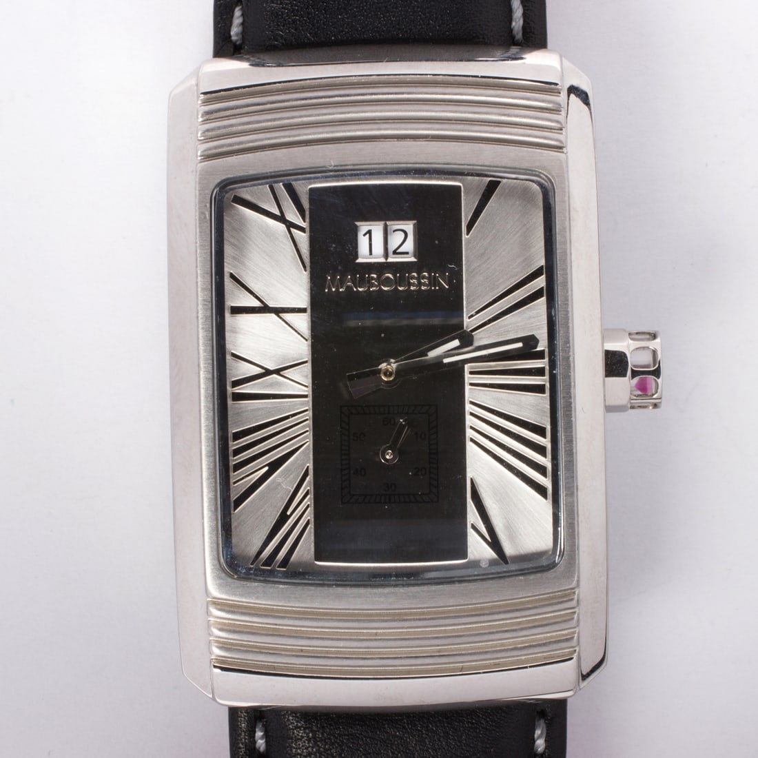 A Maubossin stainless steel watch: A Maubossin stainless steel watchReference no.: 9152300-591The silver-tone face, black Roman indices, silver-tone stick hands, subsidiary dial, date aperature, within stainless steel case, containing