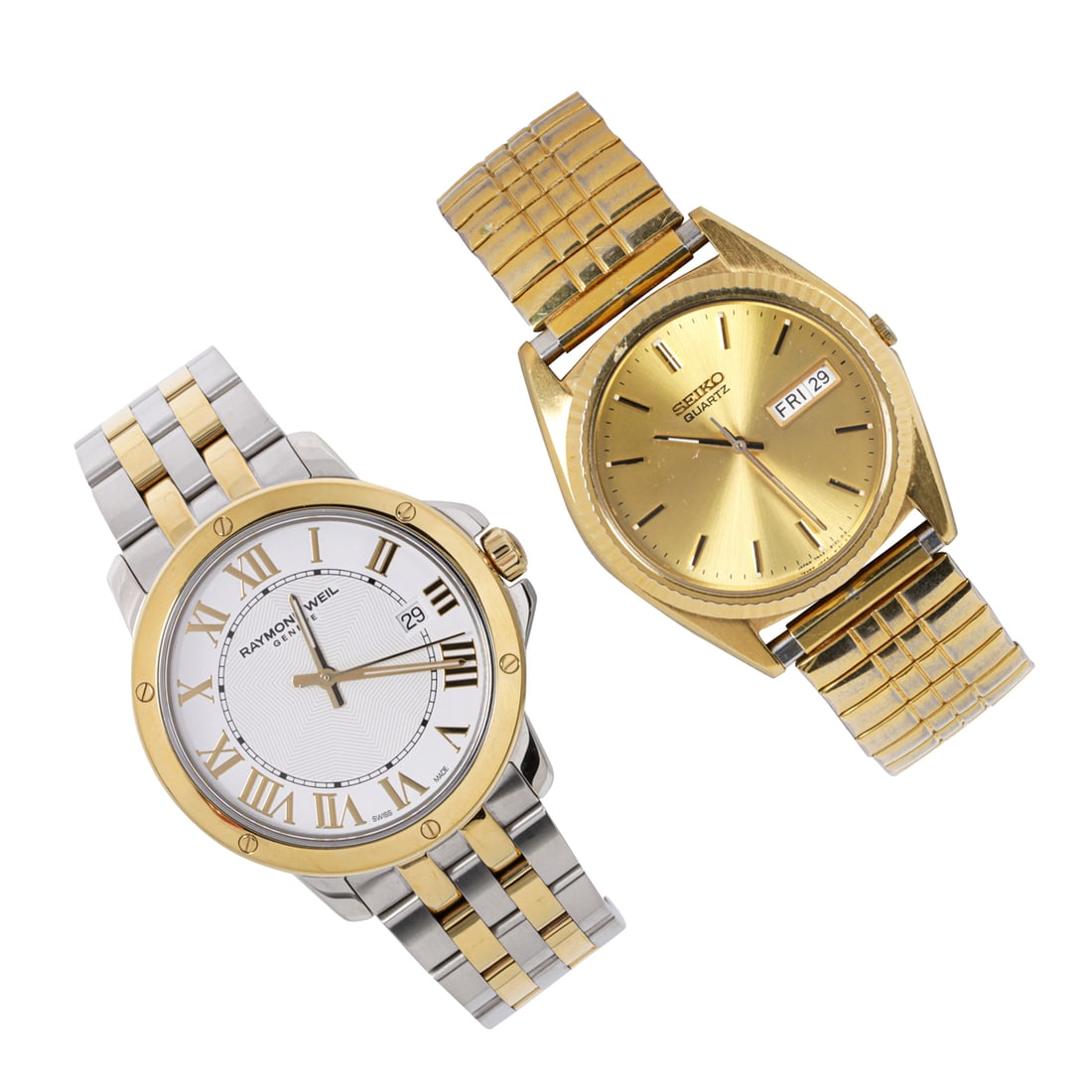 Two gold-tone watches: Two gold-tone watchesComprising Seiko and Raymond Weil gold-tone, stainless steel watches; case widths: 36 and 39 mm, respectively; gross weight; 185.90 grams