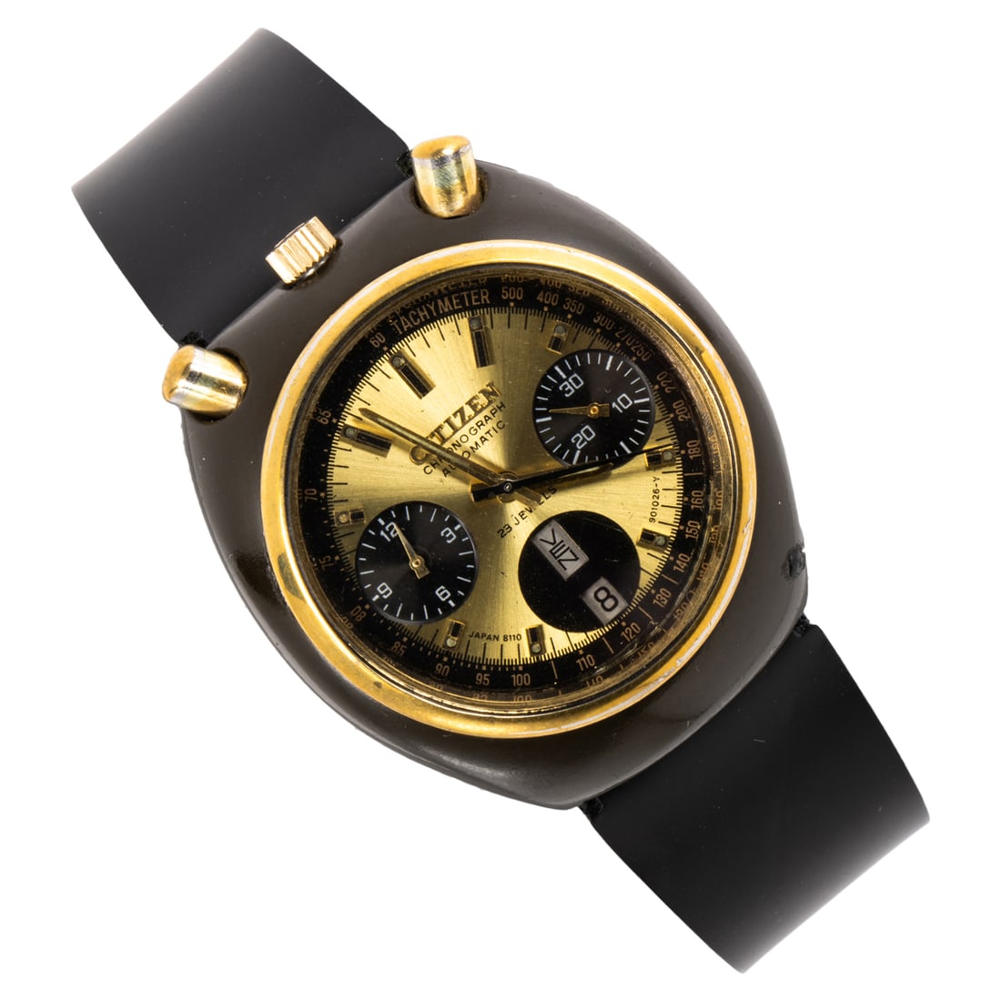 A Citizen Chronograph steel and enamel wristwatch: A Citizen Chronograph steel and enamel wristwatchThe gold tone face with gold tone baton hand and indices, two subsidiary dials, day and date aperture, within black enamel steel case containing an