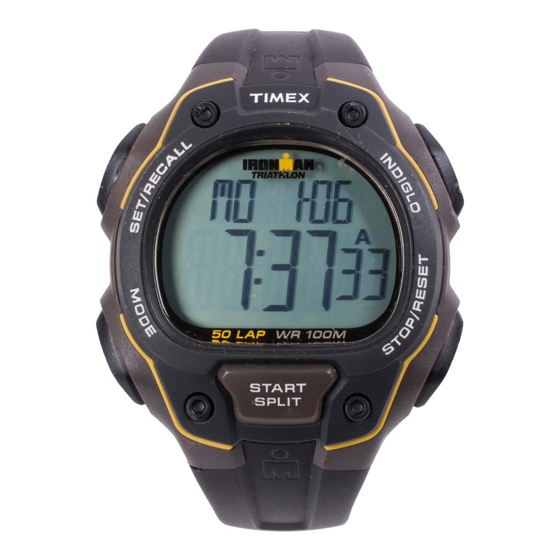 A Timex Ironman Triathlon watch: A Timex Ironman Triathlon watchThe watch containing a digital face with various sport-oriented features; case width: 40 mm; strap length: 9 1/2 in