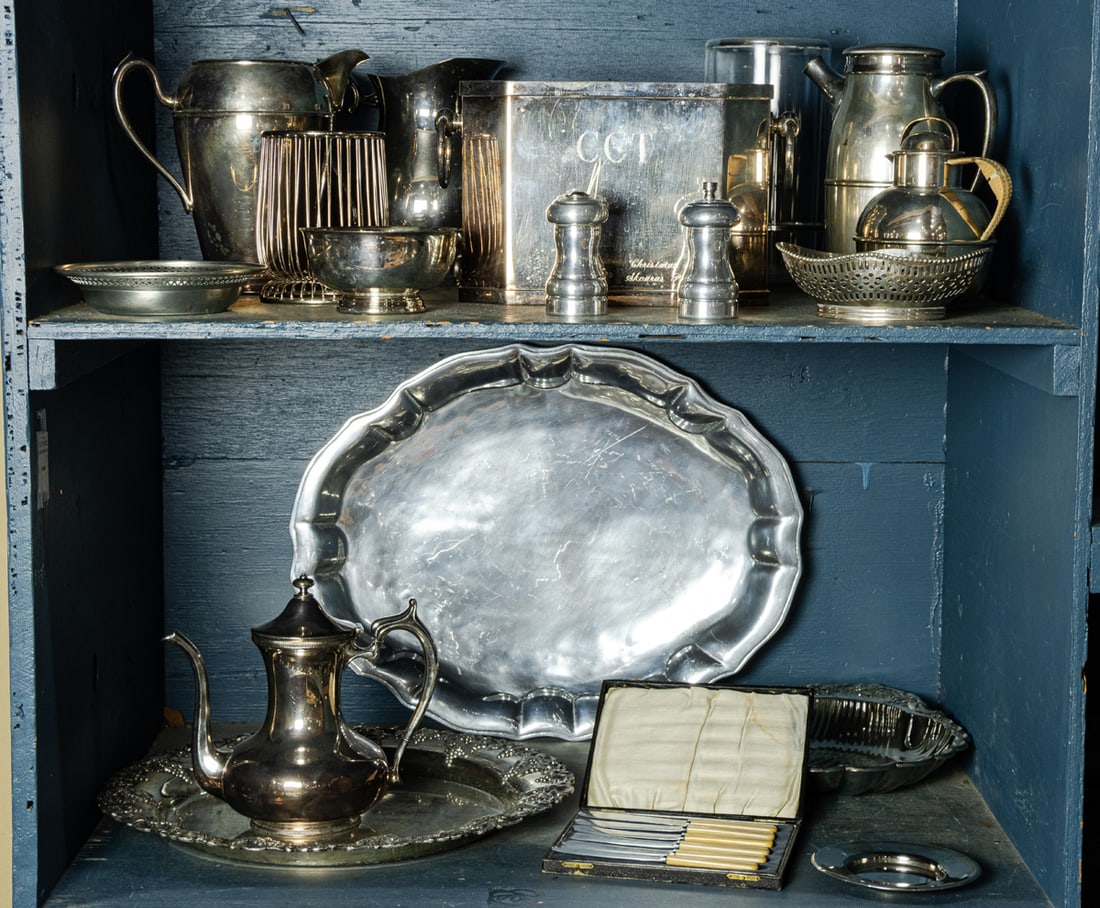 A group of silverplated and pewter table articles including wine coolers (1 of 1)