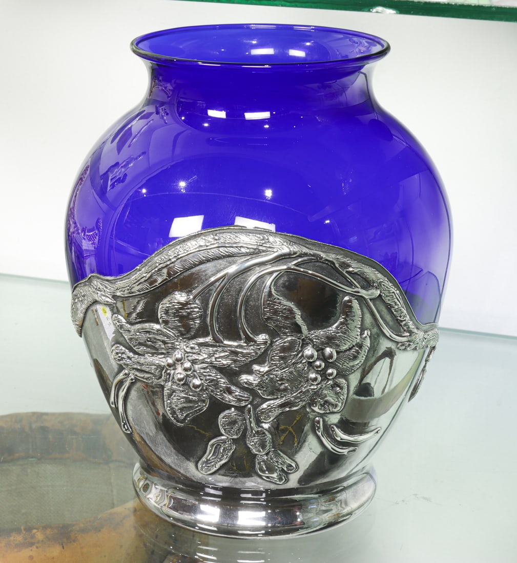 A Cobalt Glass and Silverplate Overlaid Vase (1 of 1)