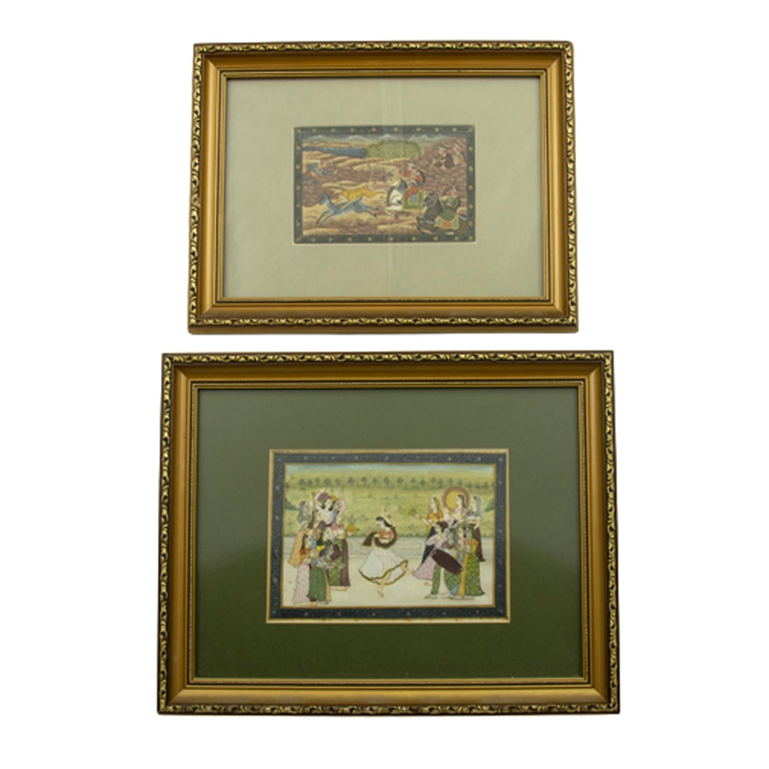 A group of two Indian miniatures on canvas: A group of two Indian miniatures on canvas, the first depicting dancers, framed 11.5"h x 14"w; the second a hunting scene, framed 10"h x 13"w