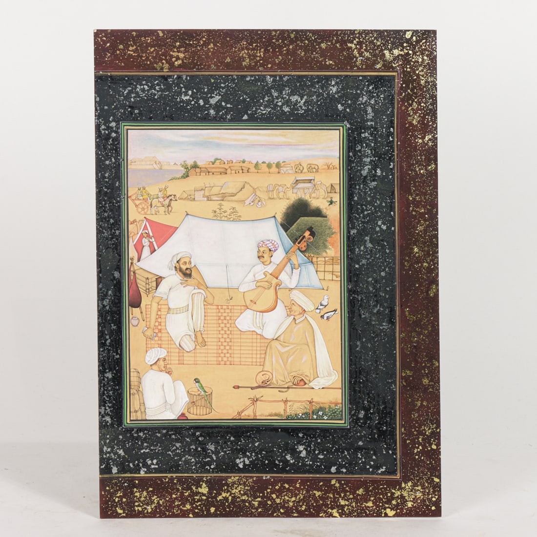 An Indian miniature painting in the manner of Gondardhan: An Indian miniature painting in the manner of Gondardhan, depicting musicians performing on the outskirts of a camp, 8"h x 6"w; overall 13.5"h x 9.5"w