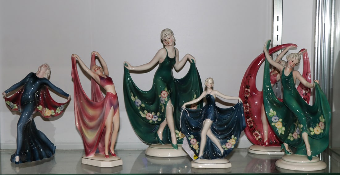 A Collection of Six German Art Deco Ceramic Dancing Figures of Women: A collection of six German Art Deco ceramic figures, Katzhutte (Hertwig & Co), five with green printed house and cat mark, ranging from 8.5?h to 13?h [6 total]