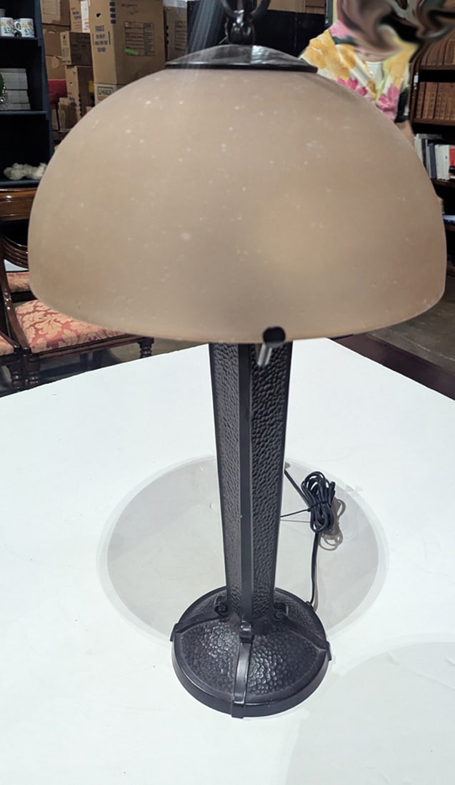 An Arts and Crafts style topaz glass and patinated metal table lamp (1 of 2)