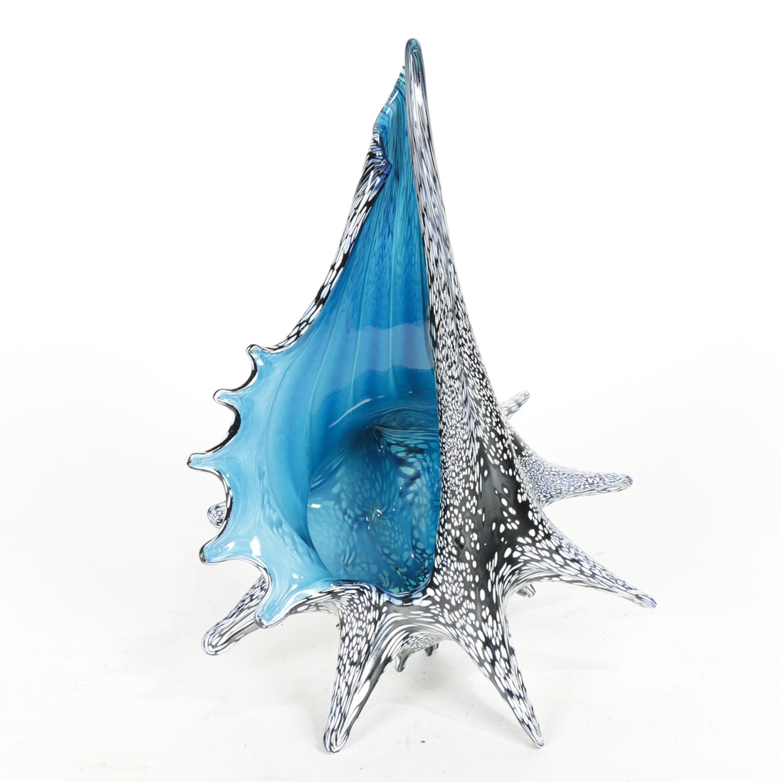 An Evan Schauss blown glass seashell in blue and white: An Evan Schauss blown glass seashell in blue and white, signed and indistinctly dated, 12.5"l