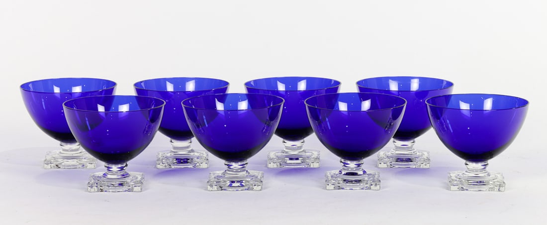 A set of eight American cobalt and clear glass sherbert cups: A set of eight American cobalt and clear glass sherbert cups, unmarked, 3.25"h
