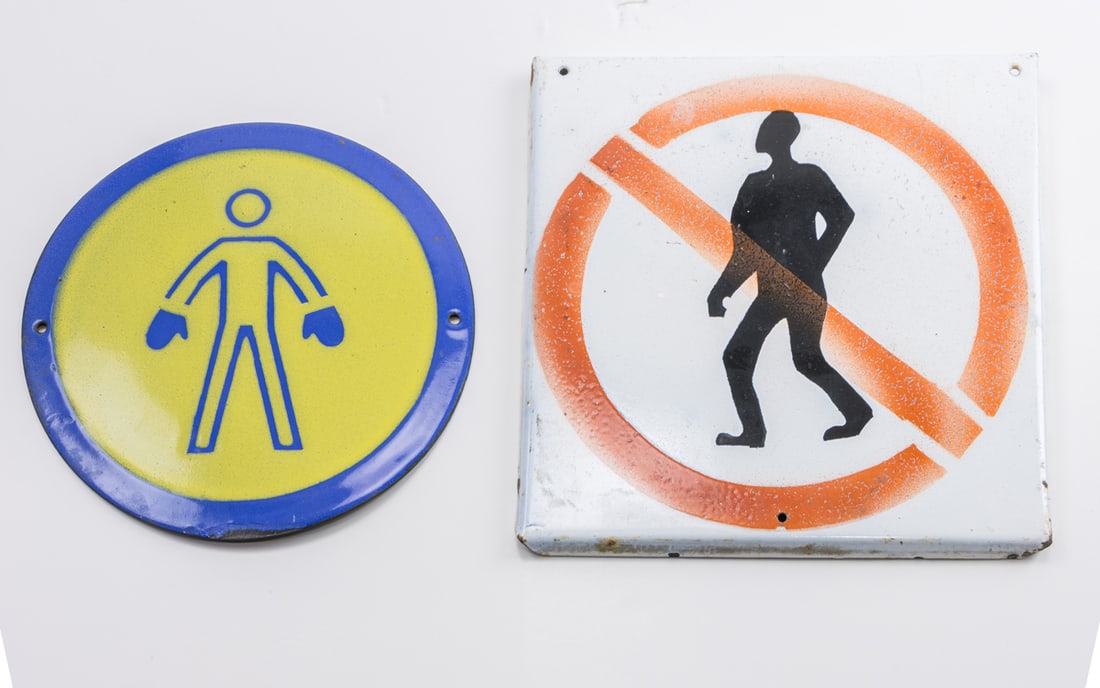 A lot of four vintage enameled metal Eastern European hazard signs: A group of four Eastern European enameled metal hazard signs, 9.875" dia - 13.5"h x 15.75"w