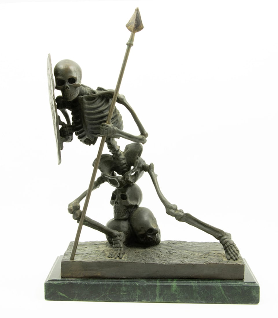 A Continental style patinated bronze memento mori figure of a skeleton warrior (1 of 1)