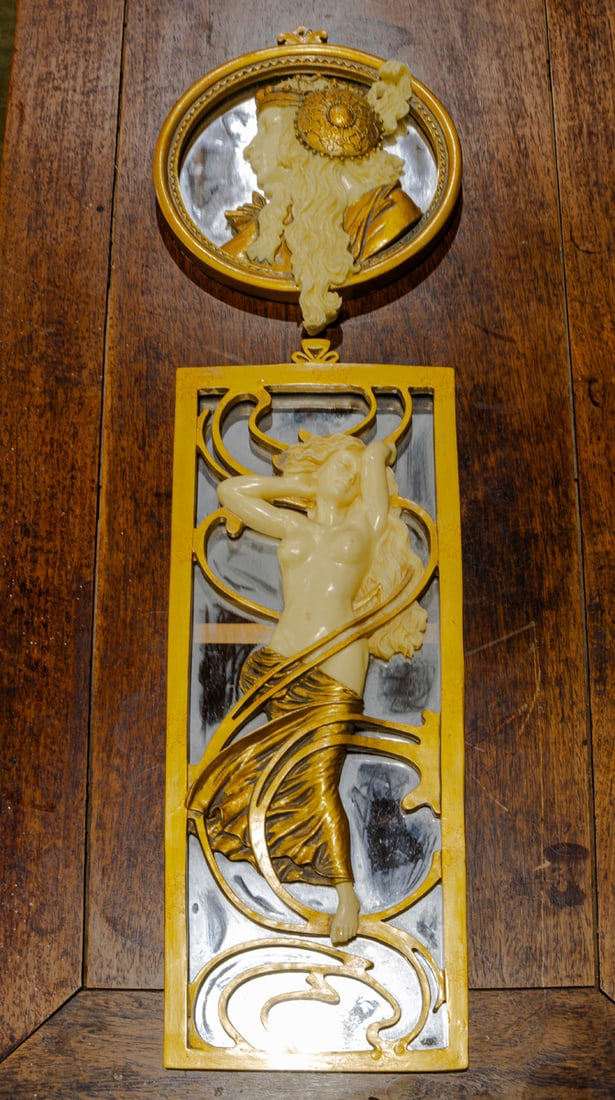 Two Art Nouveau style parcel gilt faux ivory figural wall mirrors in the manner of Alphonse Mucha (1 of 1)