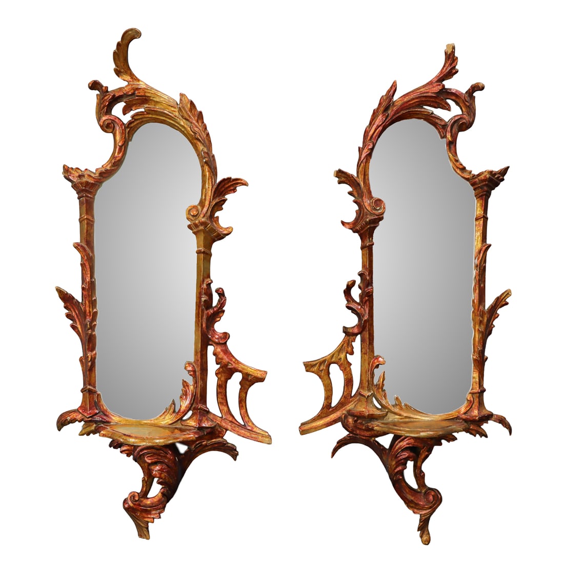 A pair of Chinese Chippendale style giltwood mirrors: A pair of Chinese Chippendale style giltwood mirrors, 26"h x 12"w