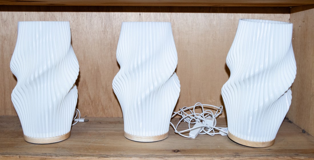Three Modern swirl molded lamps with wood bases (1 of 1)