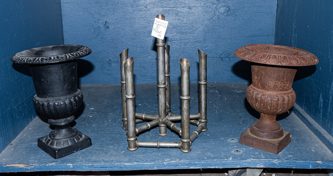 Two cast iron campana form urns and a silver-plated faux bamboo candle stand (1 of 1)