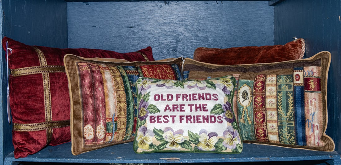 A group of six pillows in tapestry and velvet with library motif (1 of 1)